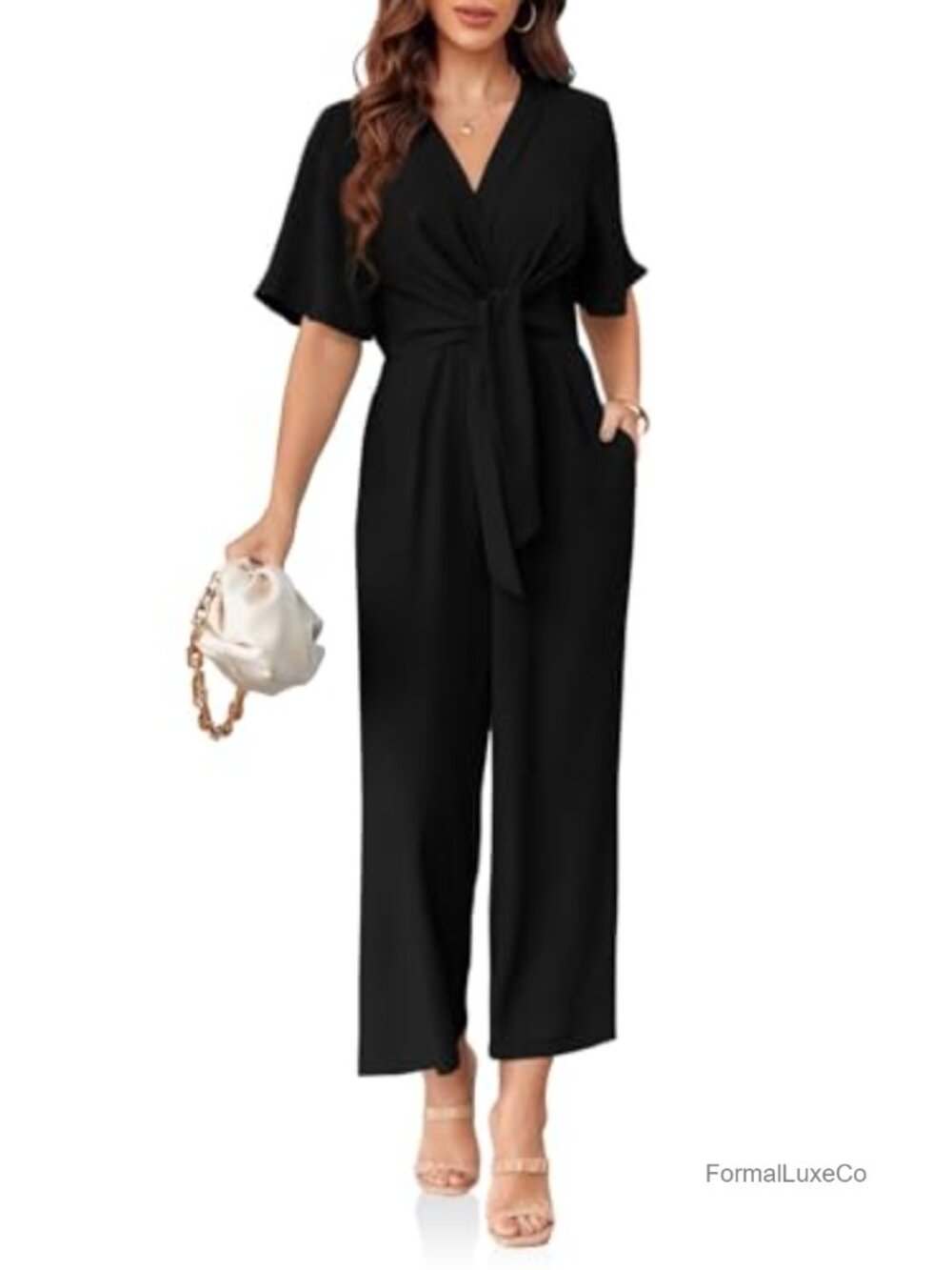 Women's Chiffon V Neck Wide Leg Jumpsuit Short Sleeve Tie Knot Front Elegant